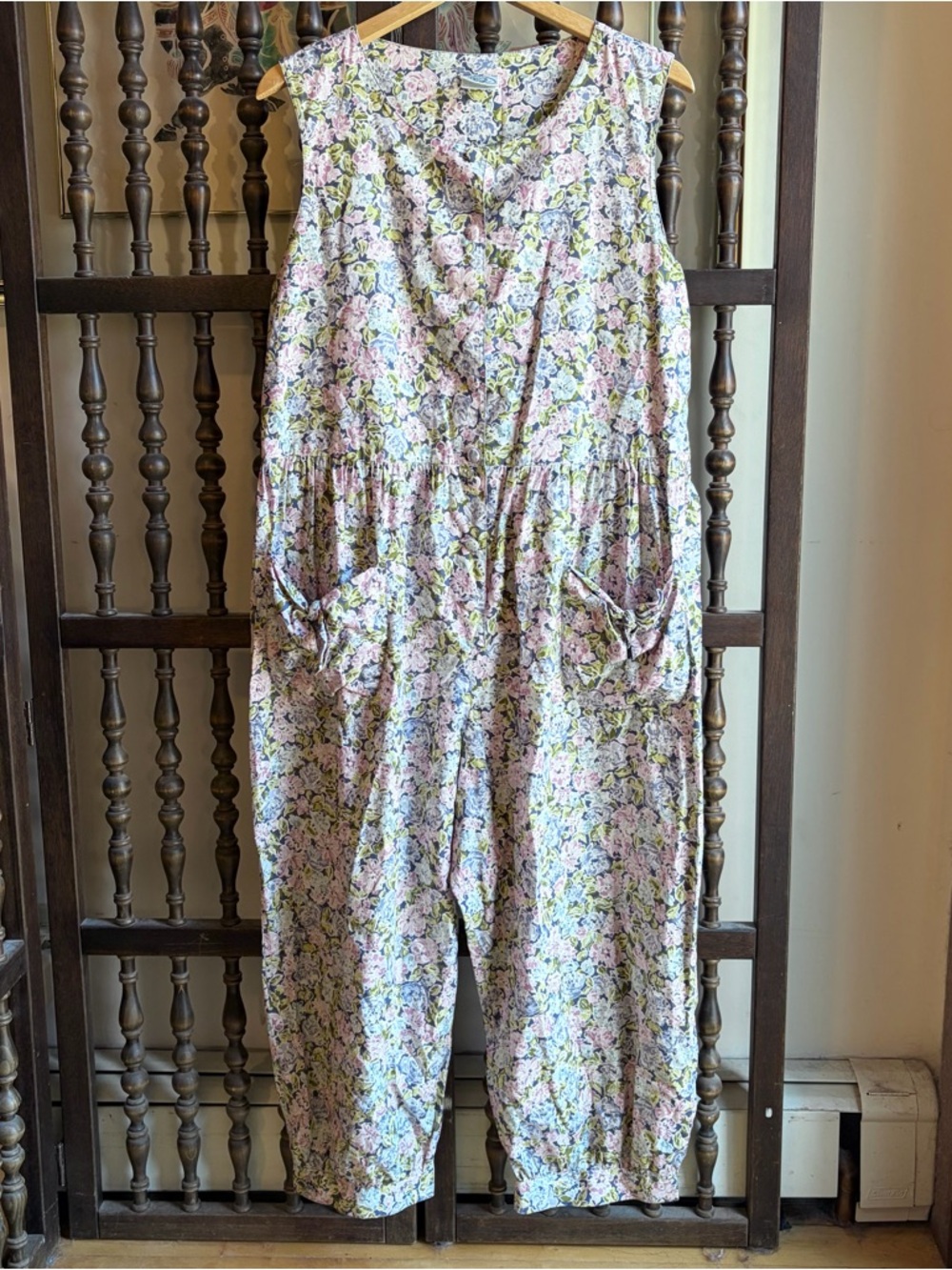 LAURA ASHLEY Vintage 80s Blue & Pink Floral Cotton Jumpsuit Romper Suit Size XL